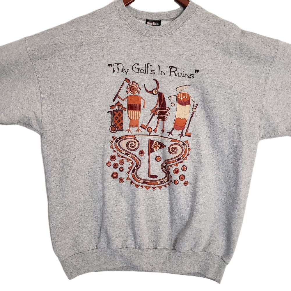 VTG Hieroglyphic Sweatshirt Mens XL‎ Gray Sportex Southwest Tribal Funny